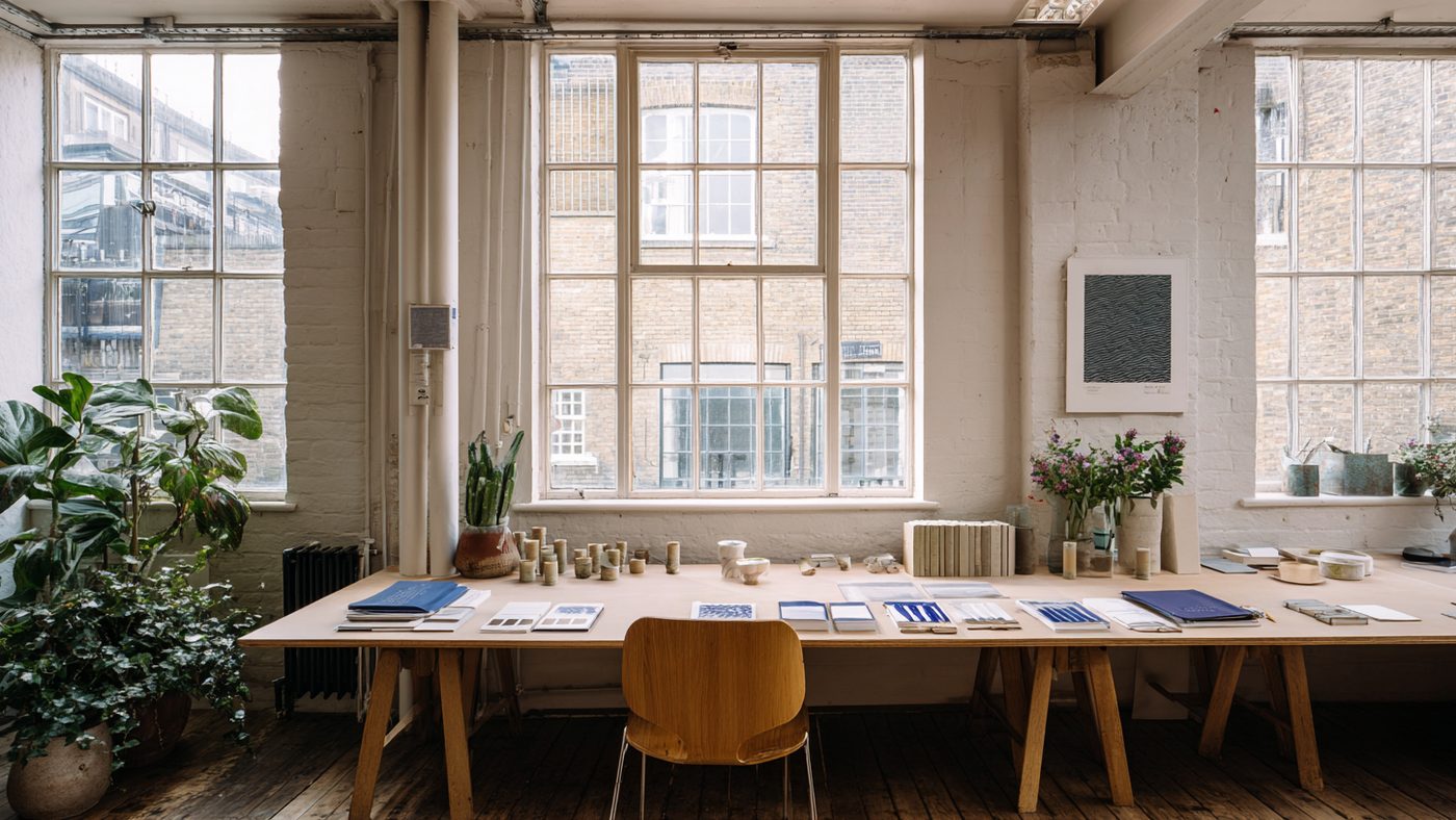 A London studio workspace with product samples laid out on a long table